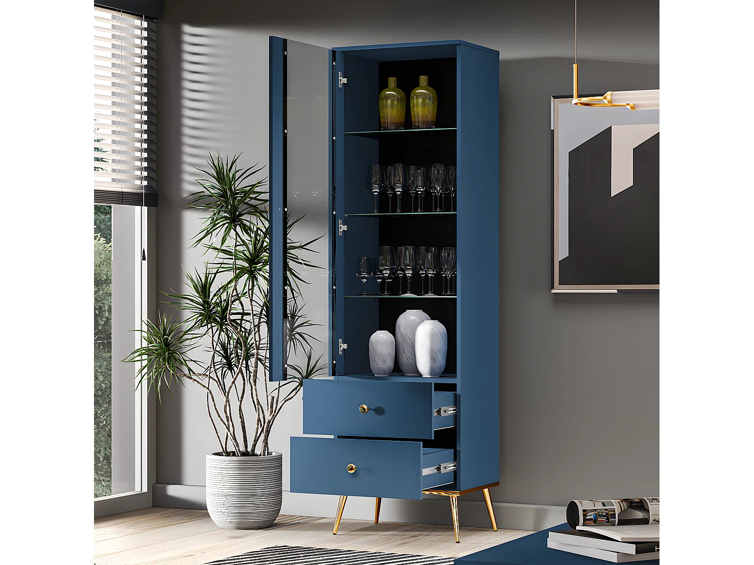 Vetrina a 1 anta e 2 cassetti Thalia Blue