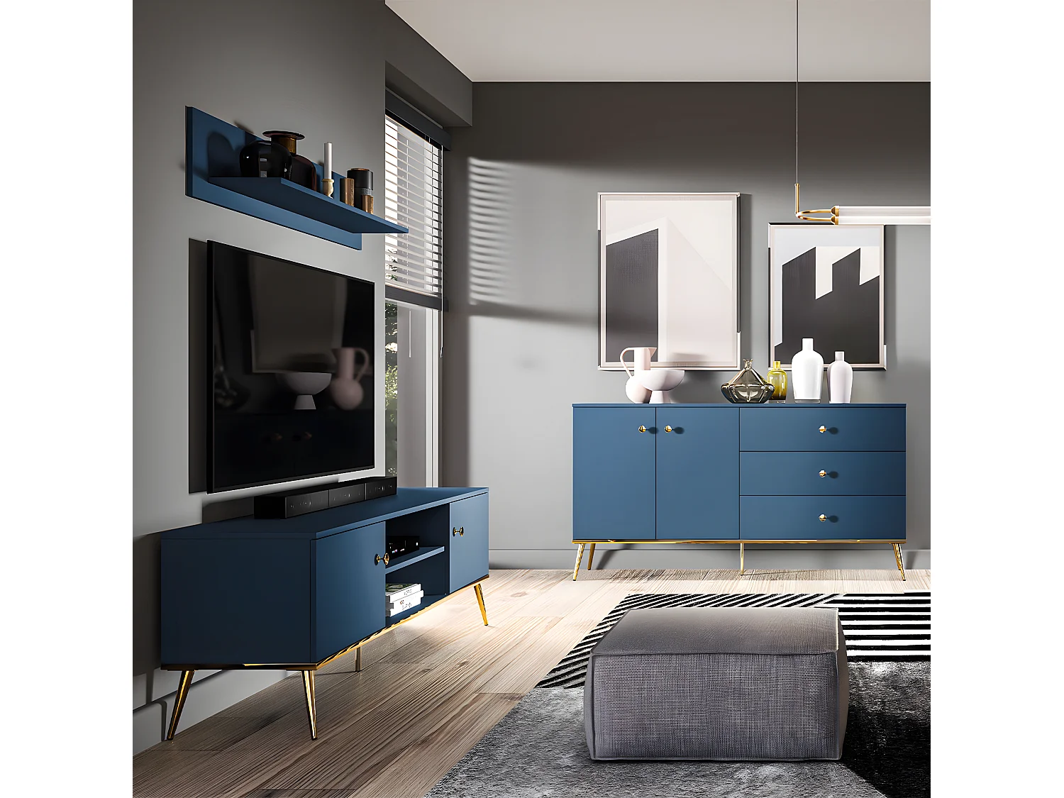 Meuble TV 2 portes 160 cm Thalia Bleu