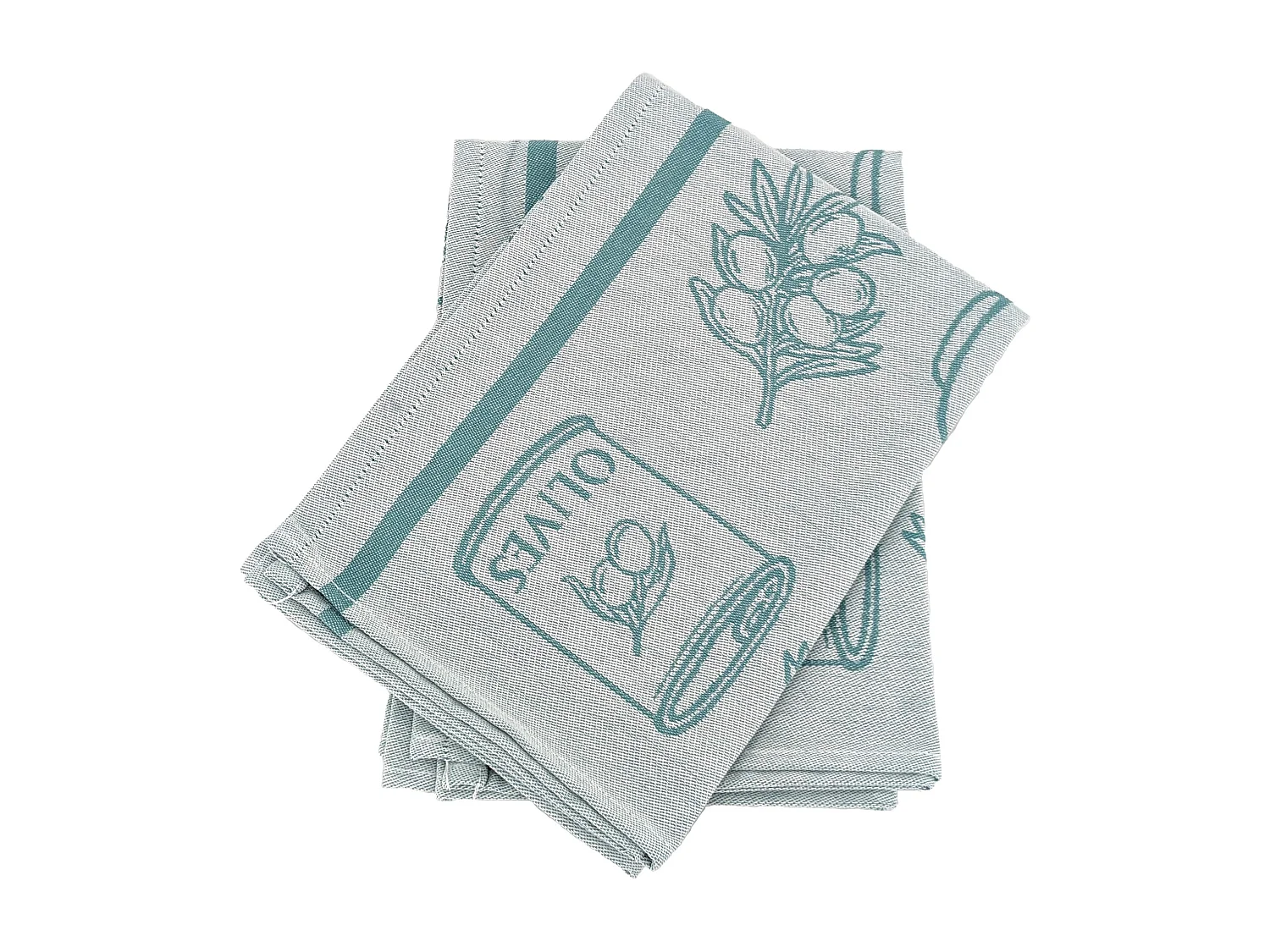 Lot de 2 torchons de cuisine pur coton 50x70 cm EVOO motif olives vert