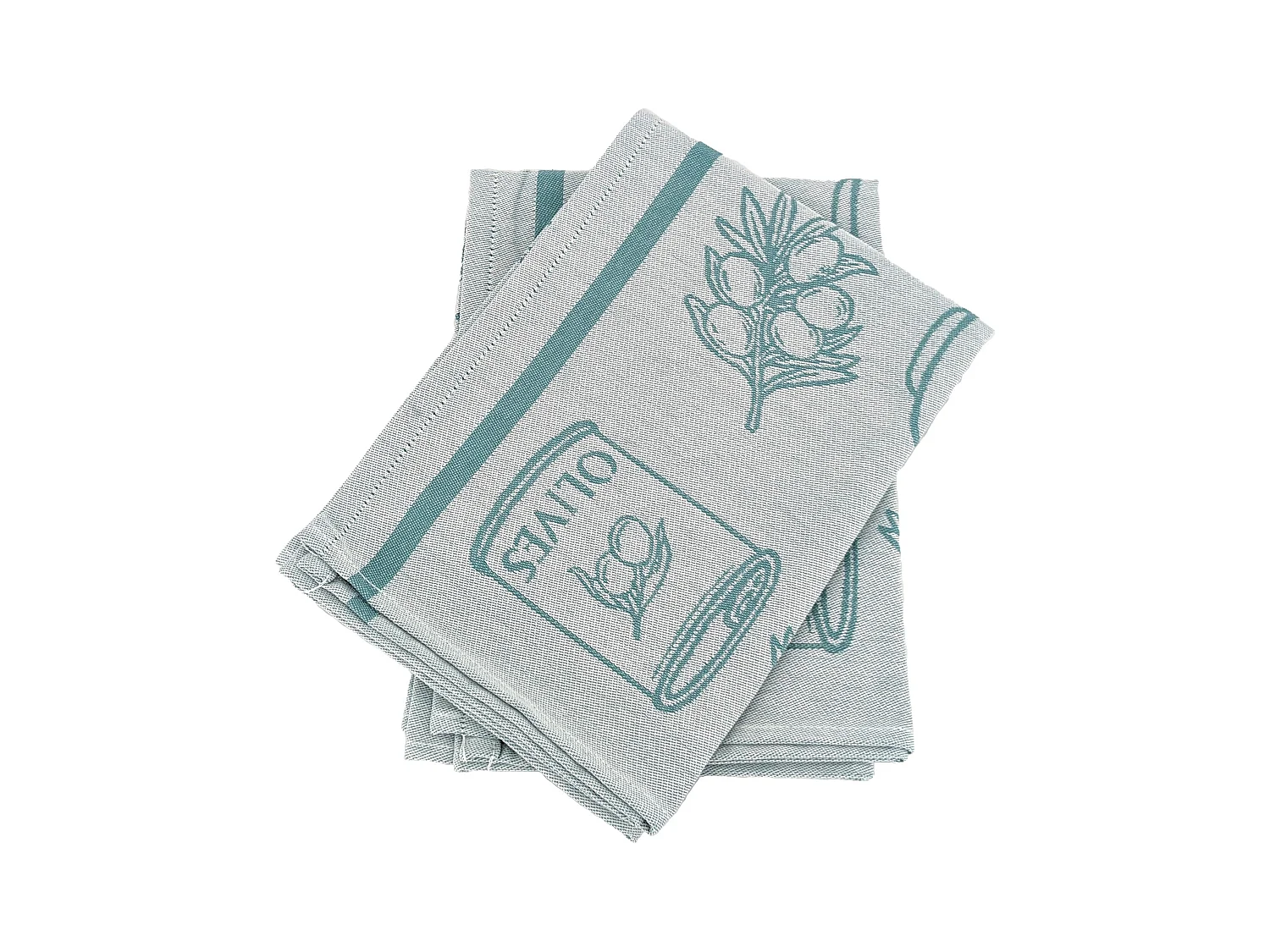 Lot de 2 torchons de cuisine pur coton 50x70 cm EVOO motifs olives vert