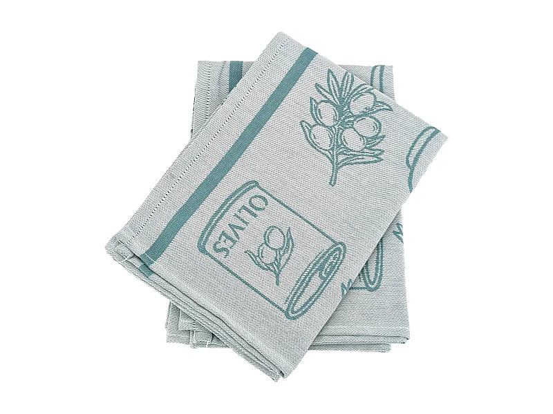 Lot de 2 torchons de cuisine pur coton 50x70 cm EVOO motif olives vert