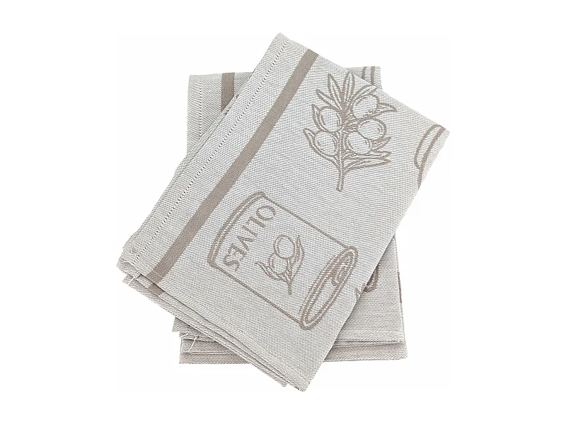 Lot de 2 torchons de cuisine pur coton 50x70 cm EVOO motifs olives beige