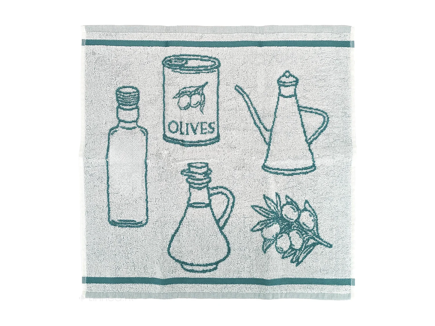 Lot de 2 torchons de cuisine pur coton 50x50 cm EVOO motif olives vert