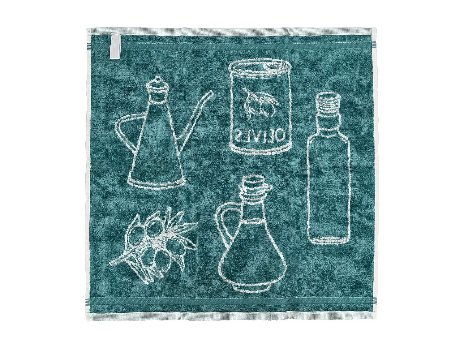 Lot de 2 torchons de cuisine pur coton 50x50 cm EVOO motif olives vert