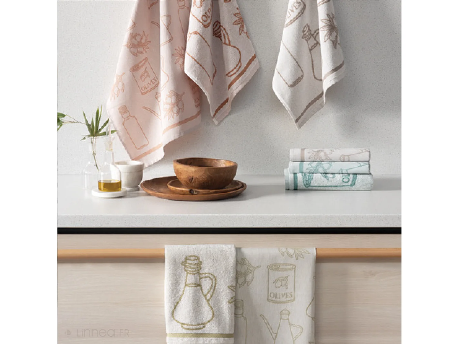 Lot de 2 torchons de cuisine pur coton 50x50 cm EVOO motif olives beige