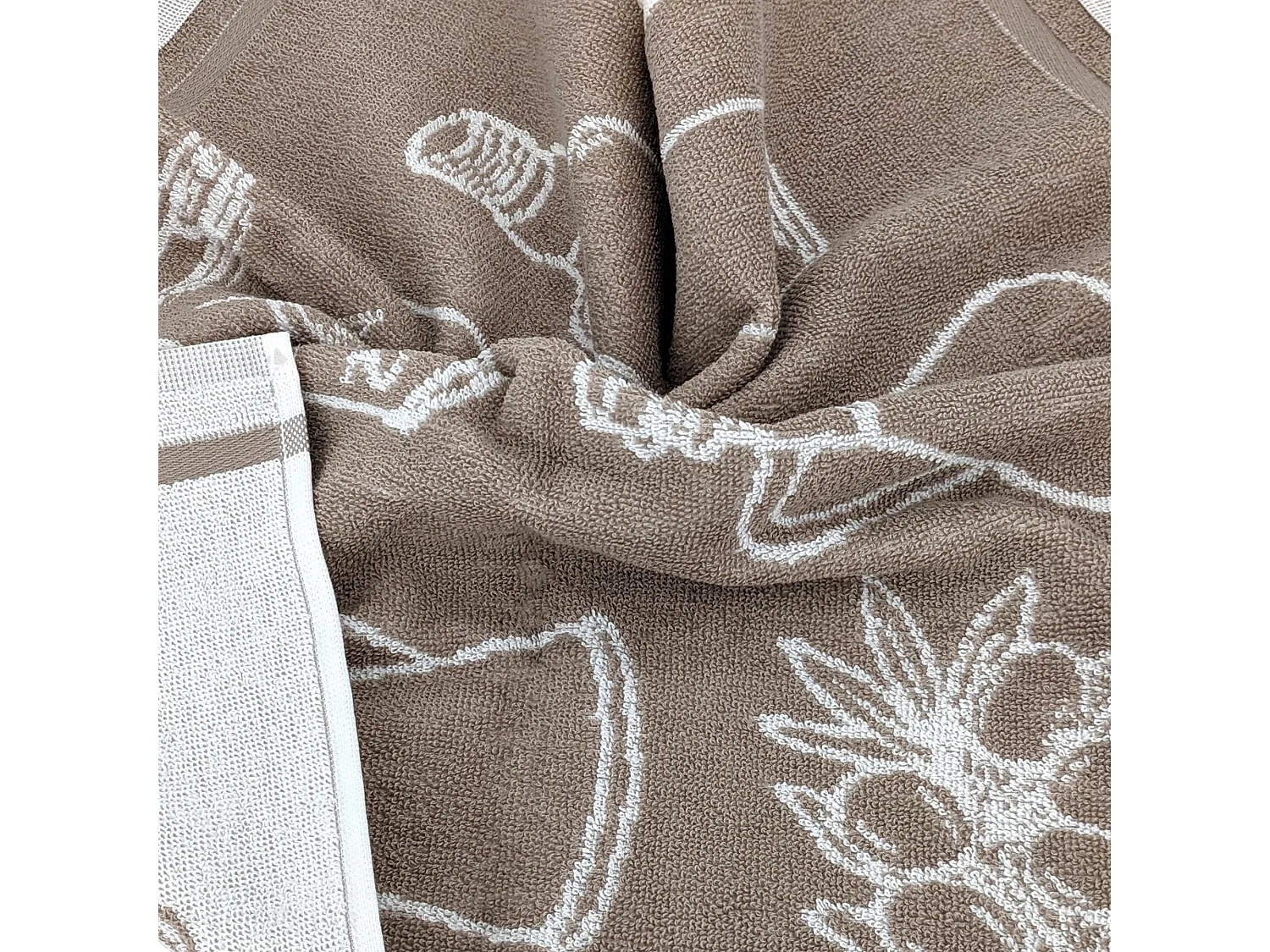 Lot de 2 torchons de cuisine pur coton 50x50 cm EVOO motif olives beige