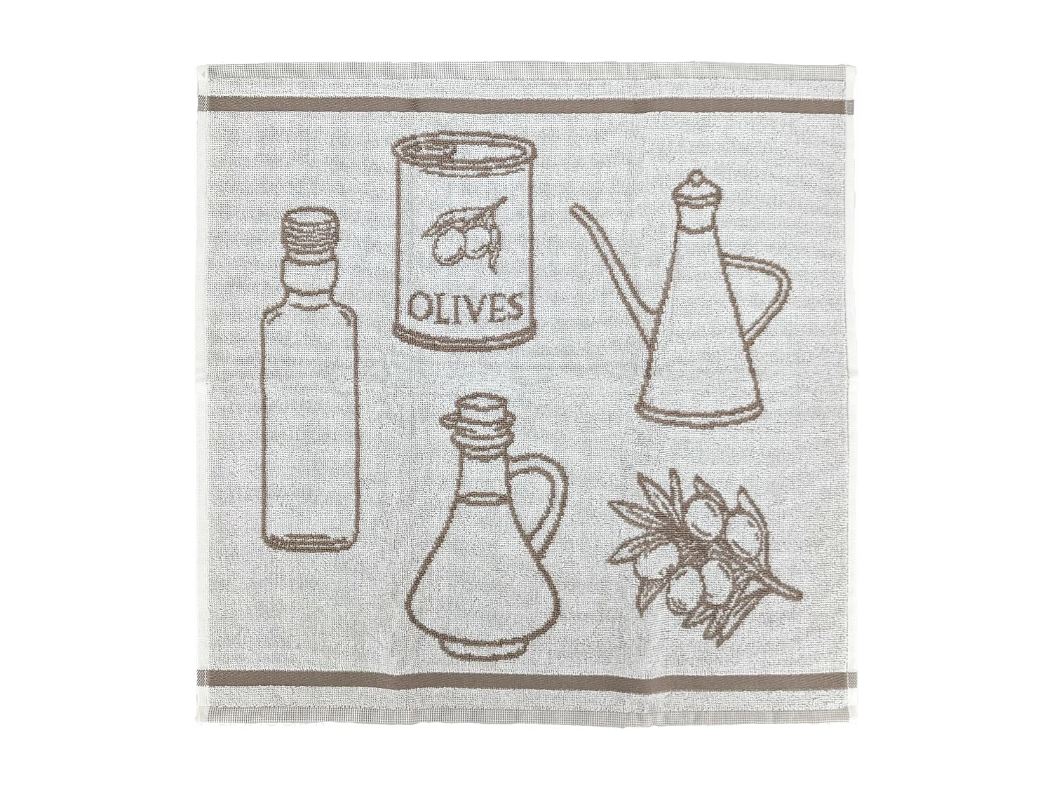 Lot de 2 torchons de cuisine pur coton 50x50 cm EVOO motif olives beige