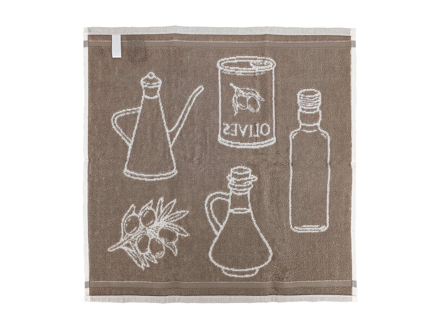Lot de 2 torchons de cuisine pur coton 50x50 cm EVOO motif olives beige
