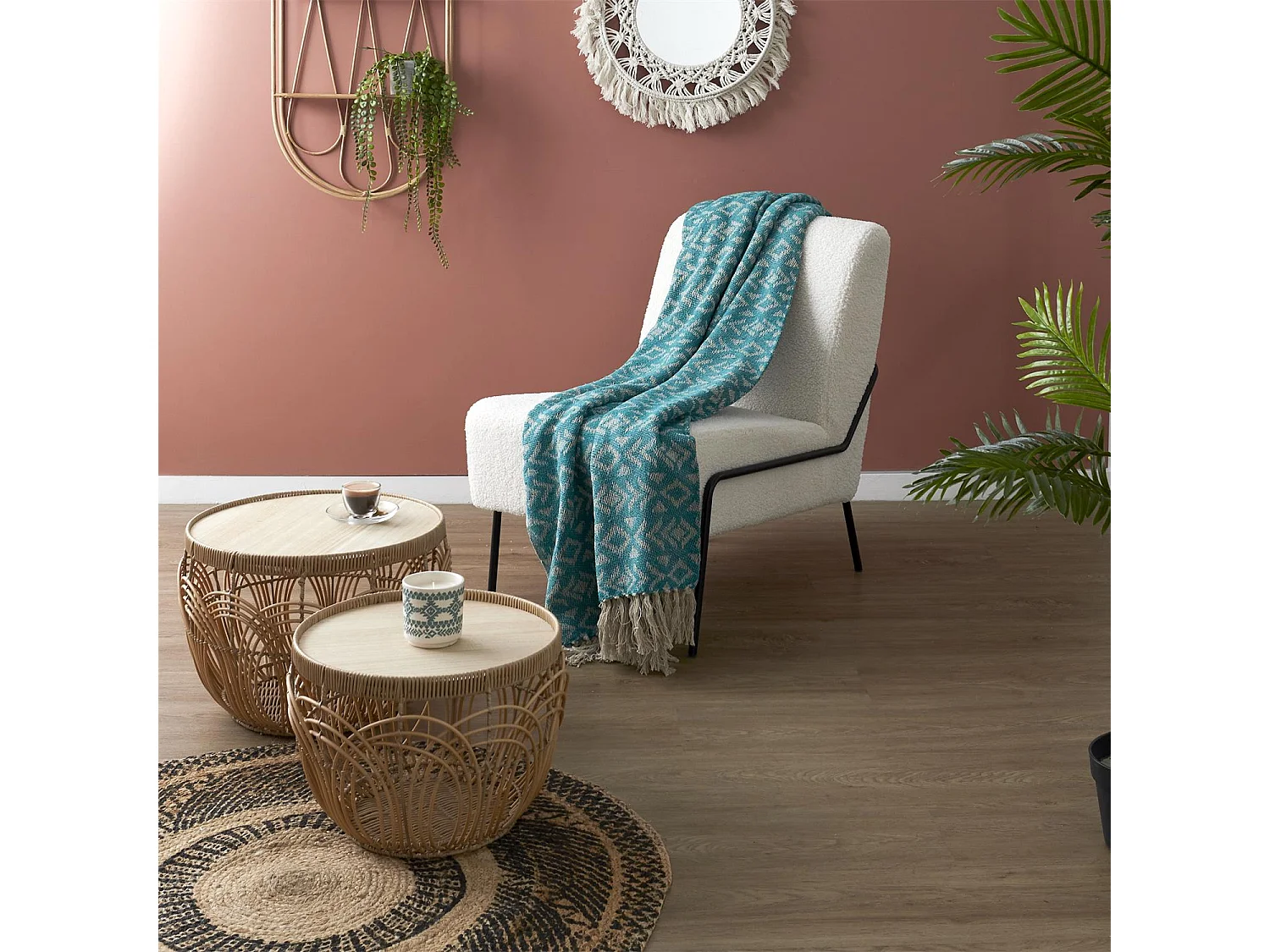 Plaid à franges 120x150cm collection SUN motifs ethnique bleu