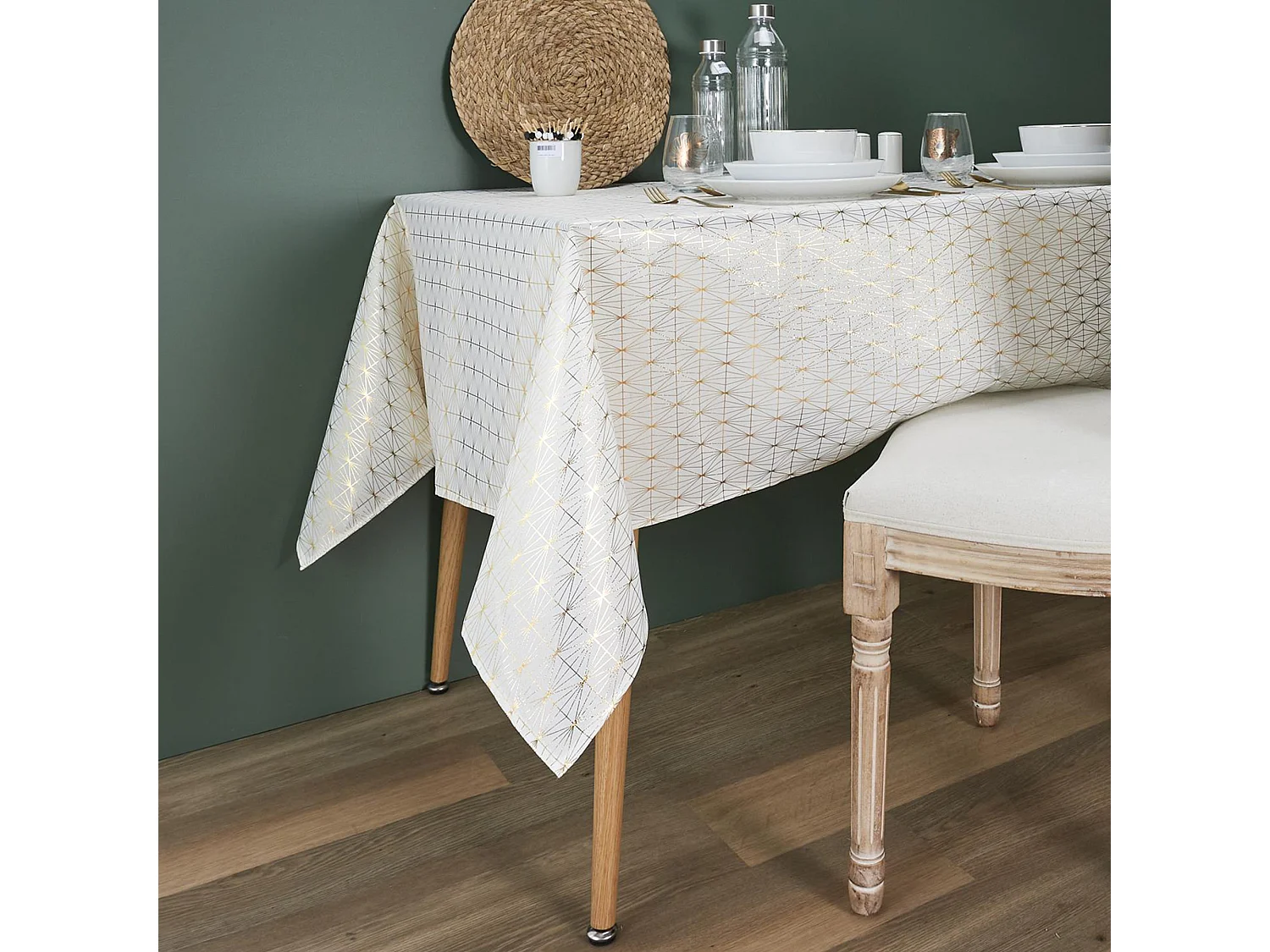 Nappe rectangle 140x250 cm GOLD motifs géométriques blanche dorée