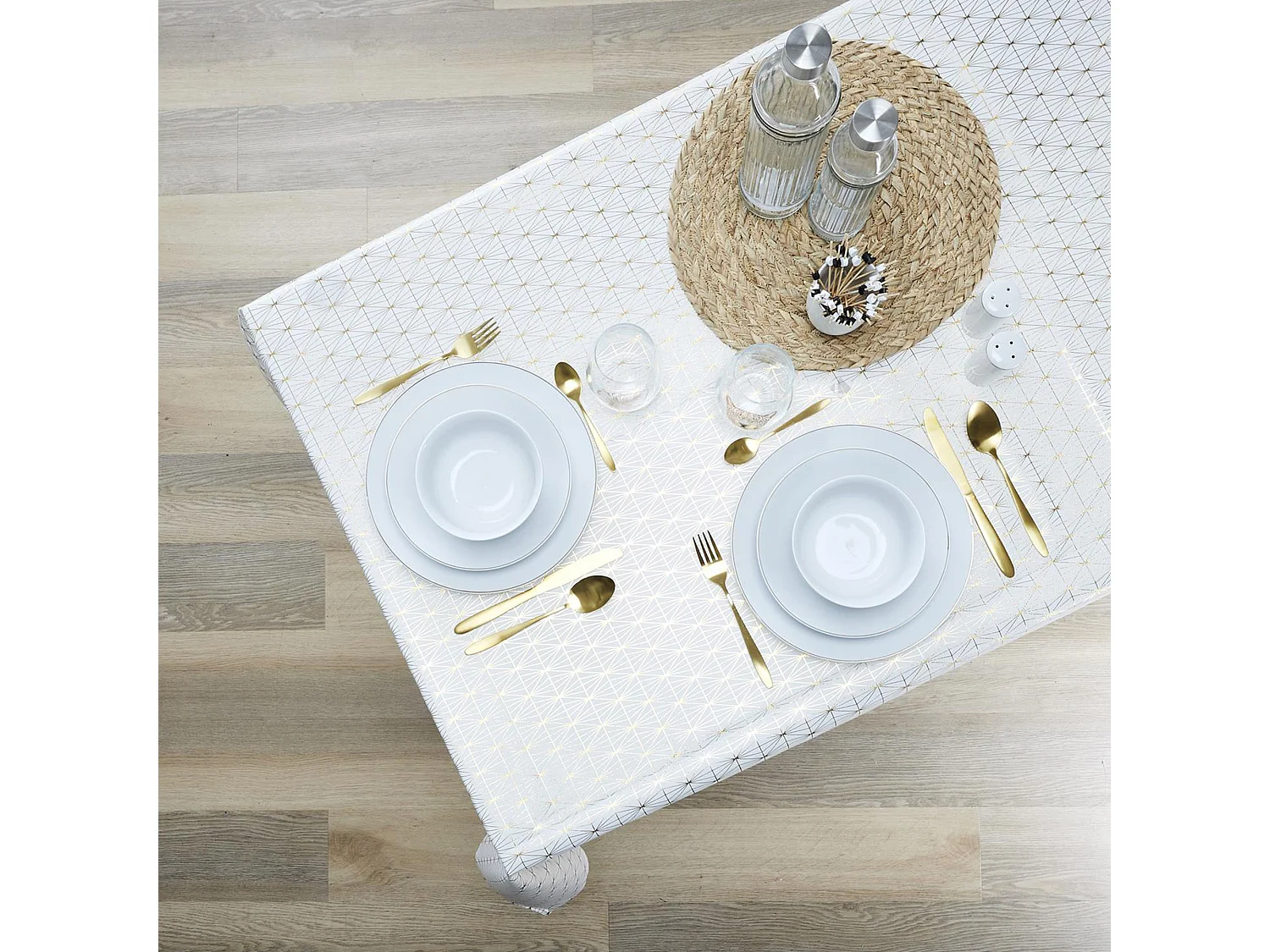 Nappe rectangle 140x250 cm GOLD motifs géométriques blanche dorée