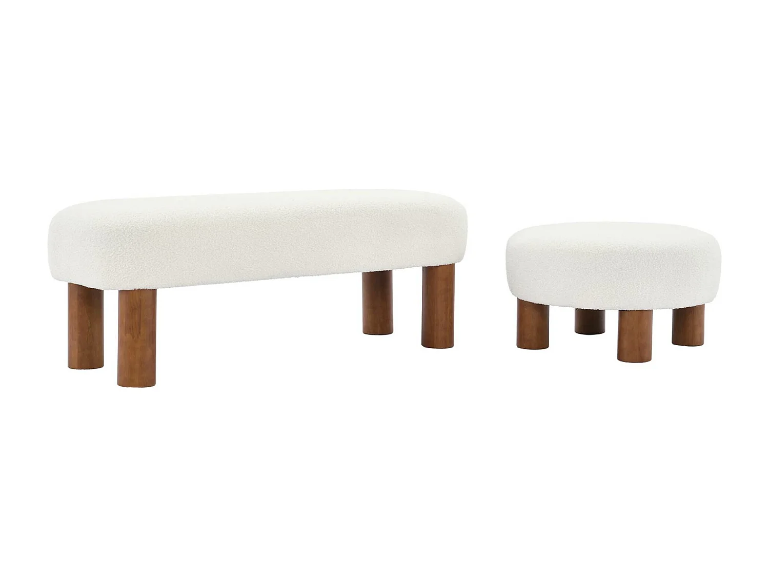 Banco, final de cama, madera de caucho y tejido borreguito blanco