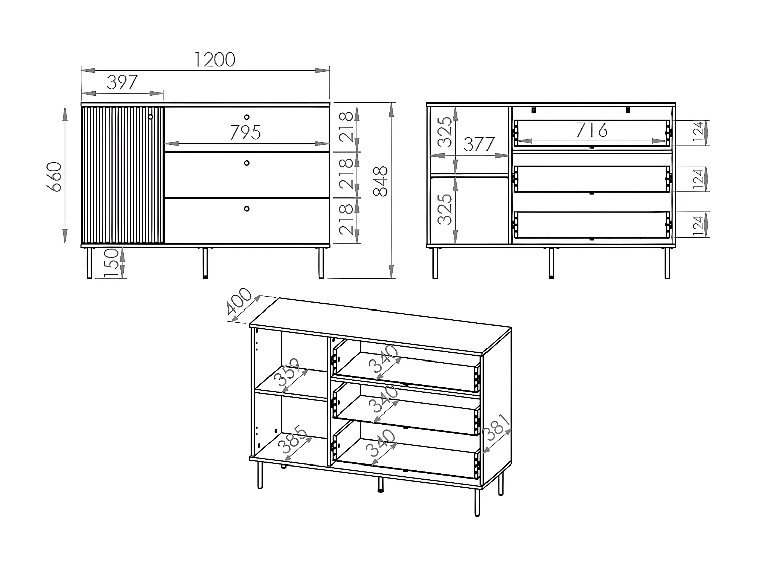 Buffet 1 porte 3 tiroirs Nova Cachemire