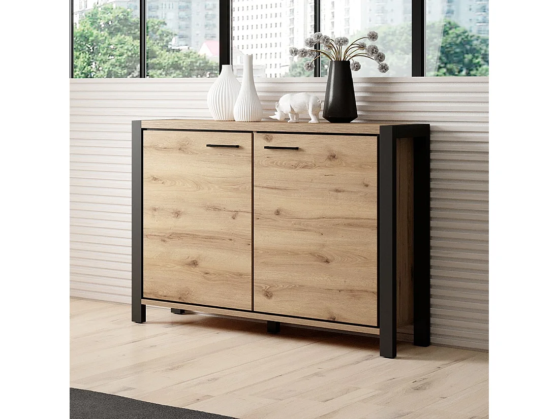 Buffet pequeno modelo 110cm coleção BOWIE com 2 portas nas cores carvalho e preto.