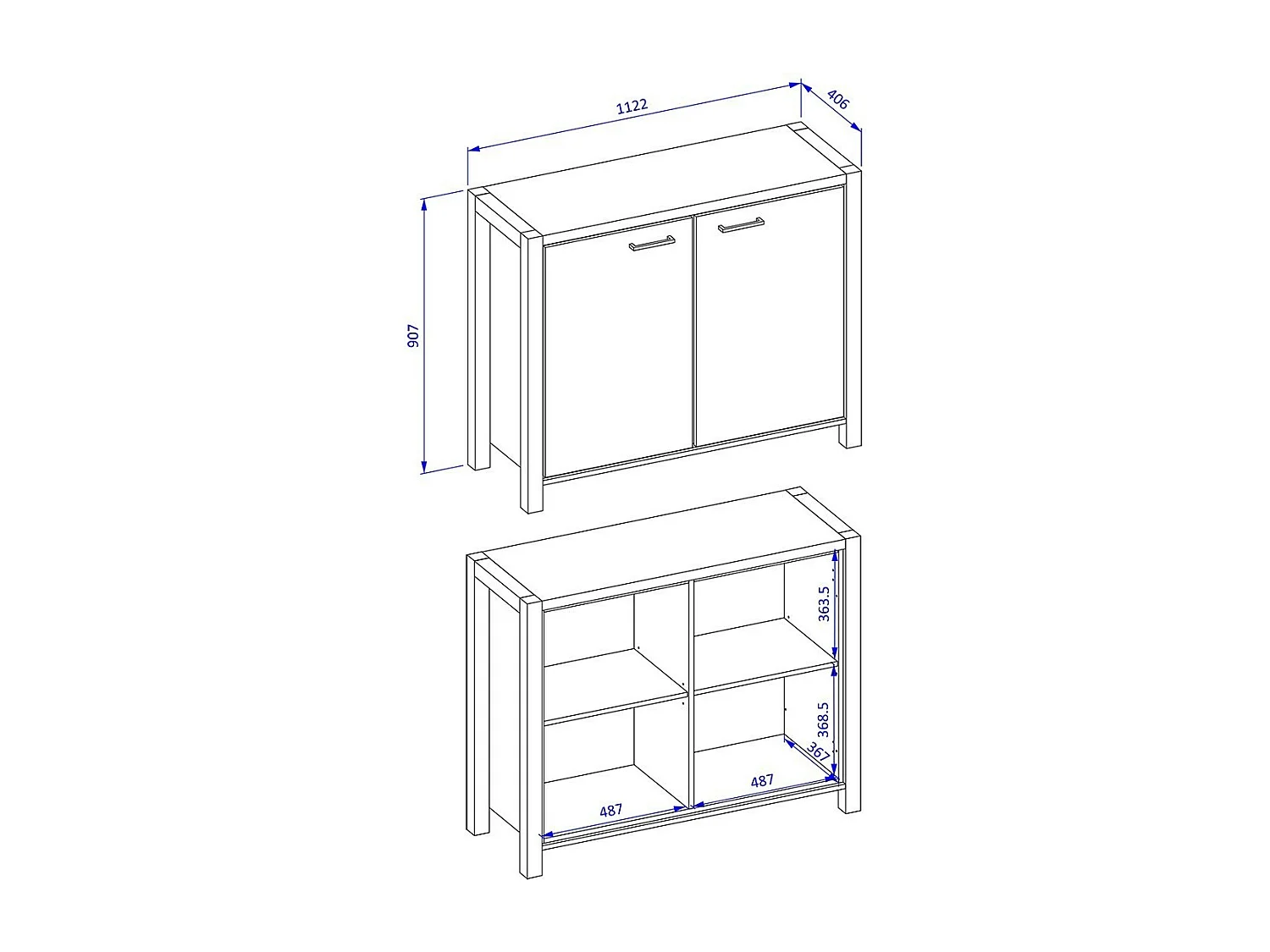 Buffet klein model 110cm collectie BOWIE met 2 deuren in eiken- en zwartkleur.