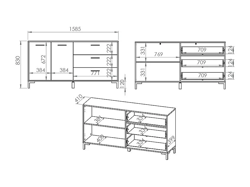 Buffet 2 portes 3 tiroirs 160 cm Liora Bois
