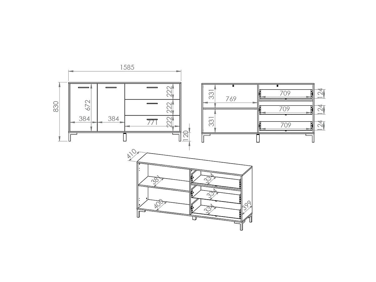 Buffet 2 portes 3 tiroirs 160 cm Liora Bois