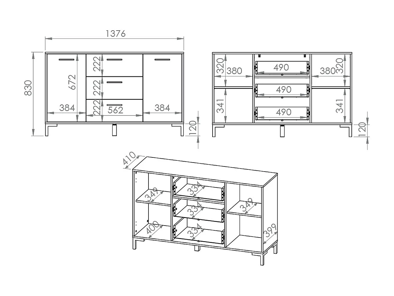 2-dørs skænk med 3 skuffer 138 cm Liora Wood