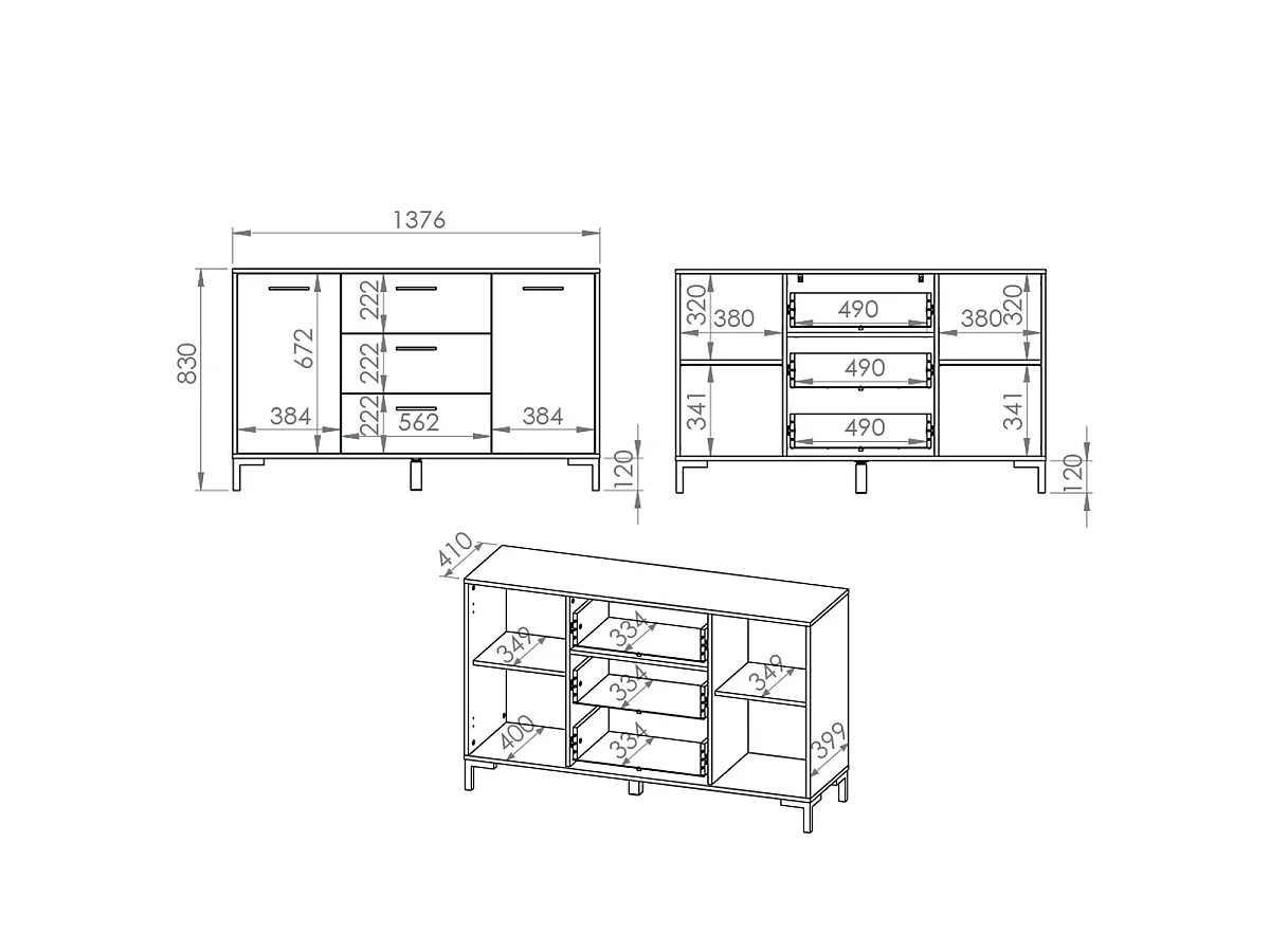 2-door 3-drawer sideboard 138 cm Liora Wood