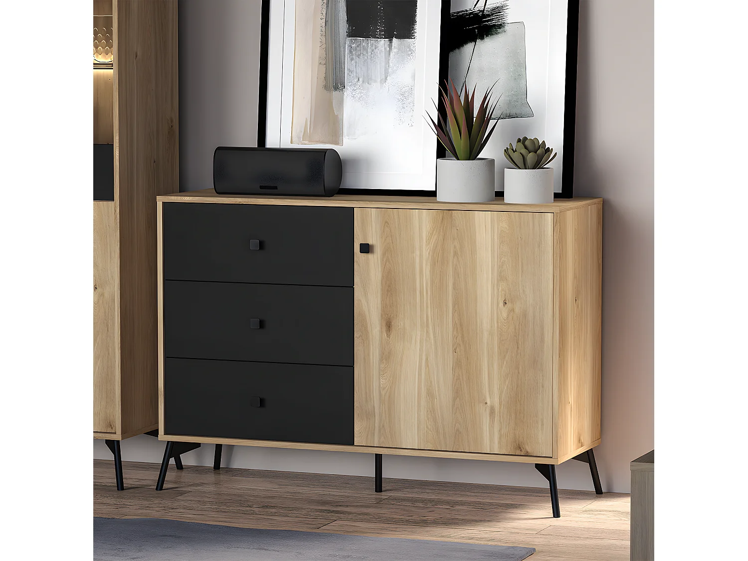 Buffet 1 porte 3 tiroirs Elara Bois et Noir