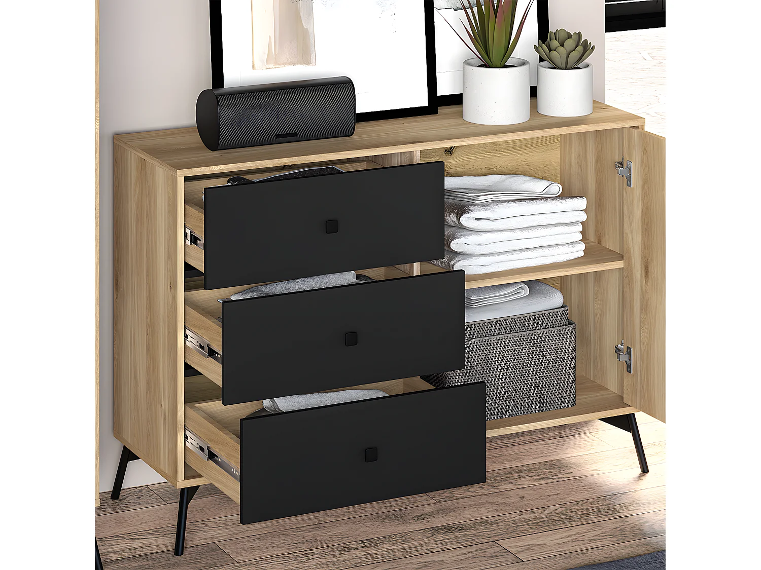 Buffet 1 porte 3 tiroirs Elara Bois et Noir