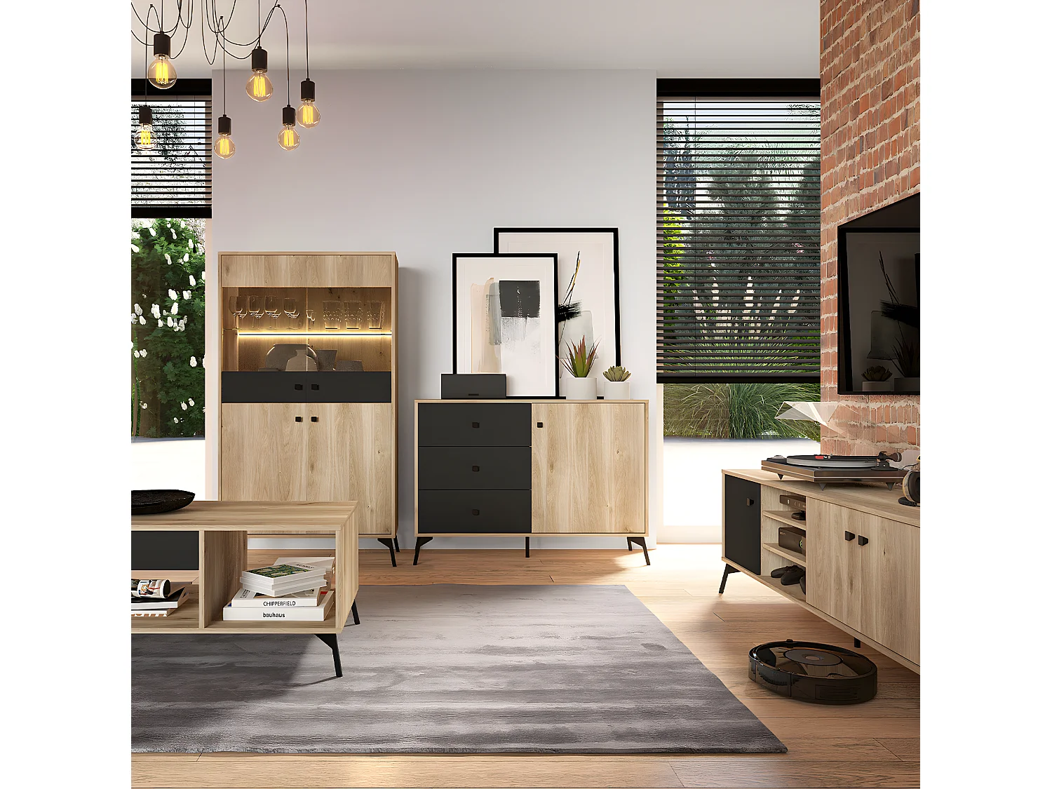 Buffet 1 porte 3 tiroirs Elara Bois et Noir