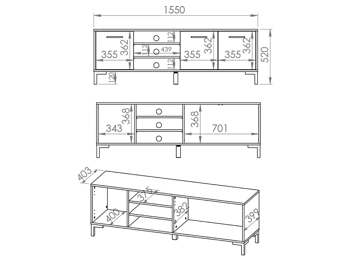 TV-Möbel 3 Türen 155 cm Liora Holz