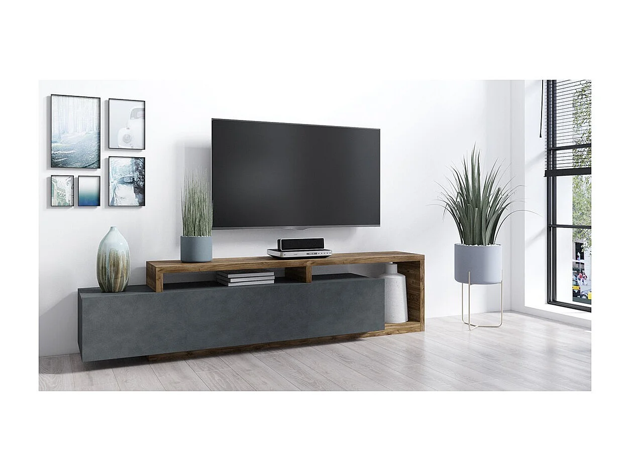 Designer-TV-Möbel 220 cm, Kollektion BERGAME. Farbe Grau und dunkle Eiche.