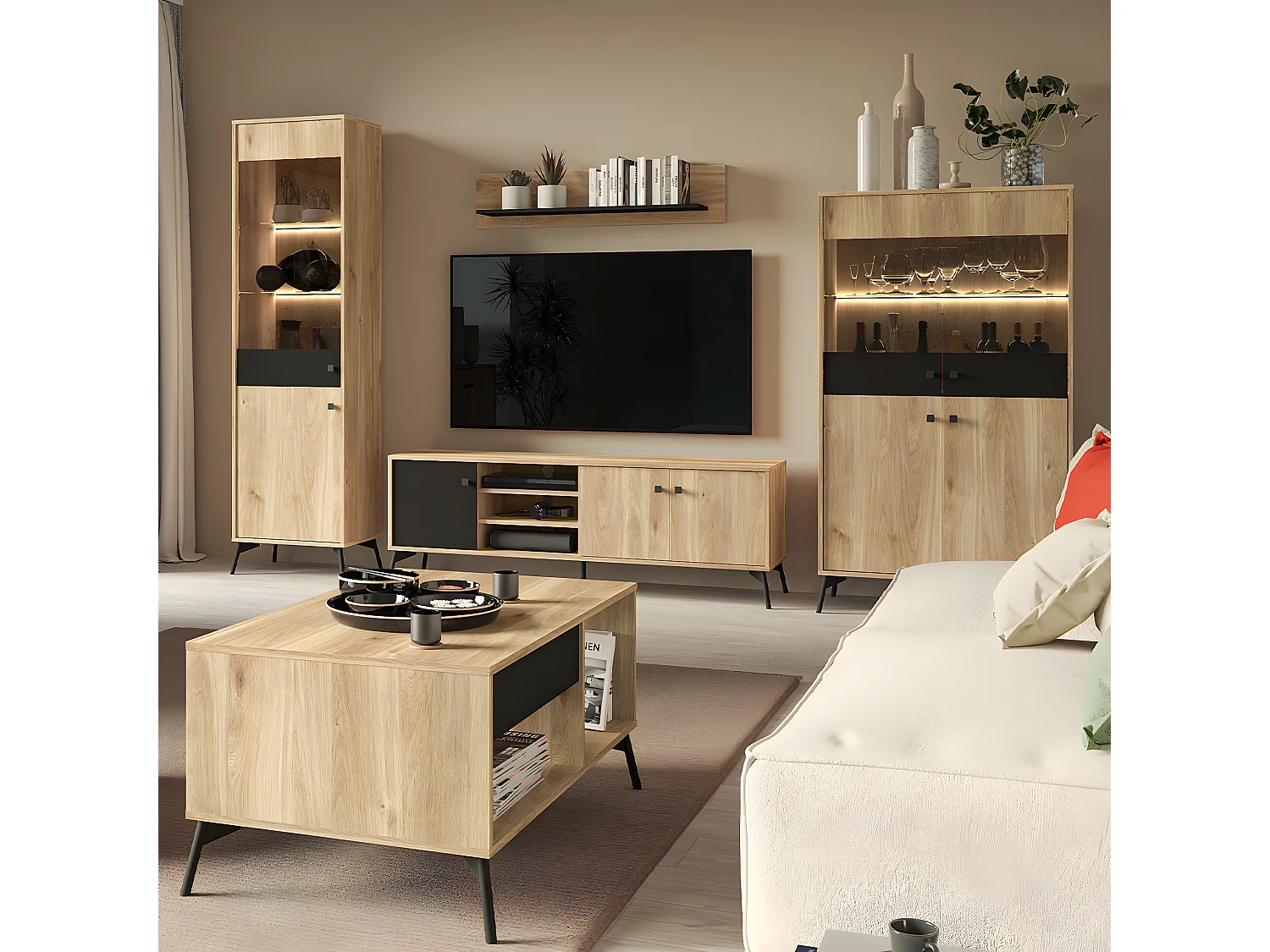 Meuble TV 3 portes 160 cm Elara Bois et Noir