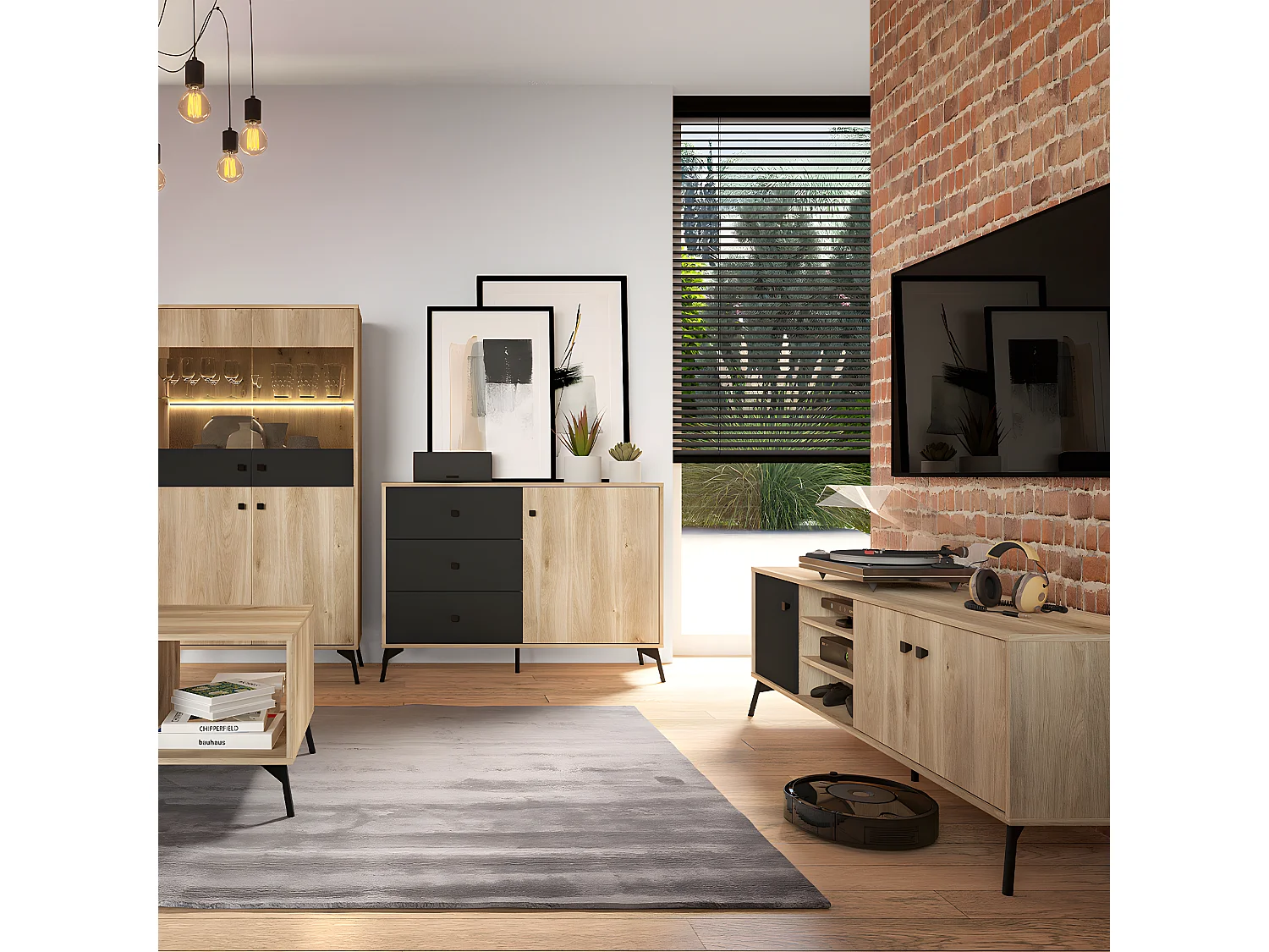 Meuble TV 3 portes 160 cm Elara Bois et Noir
