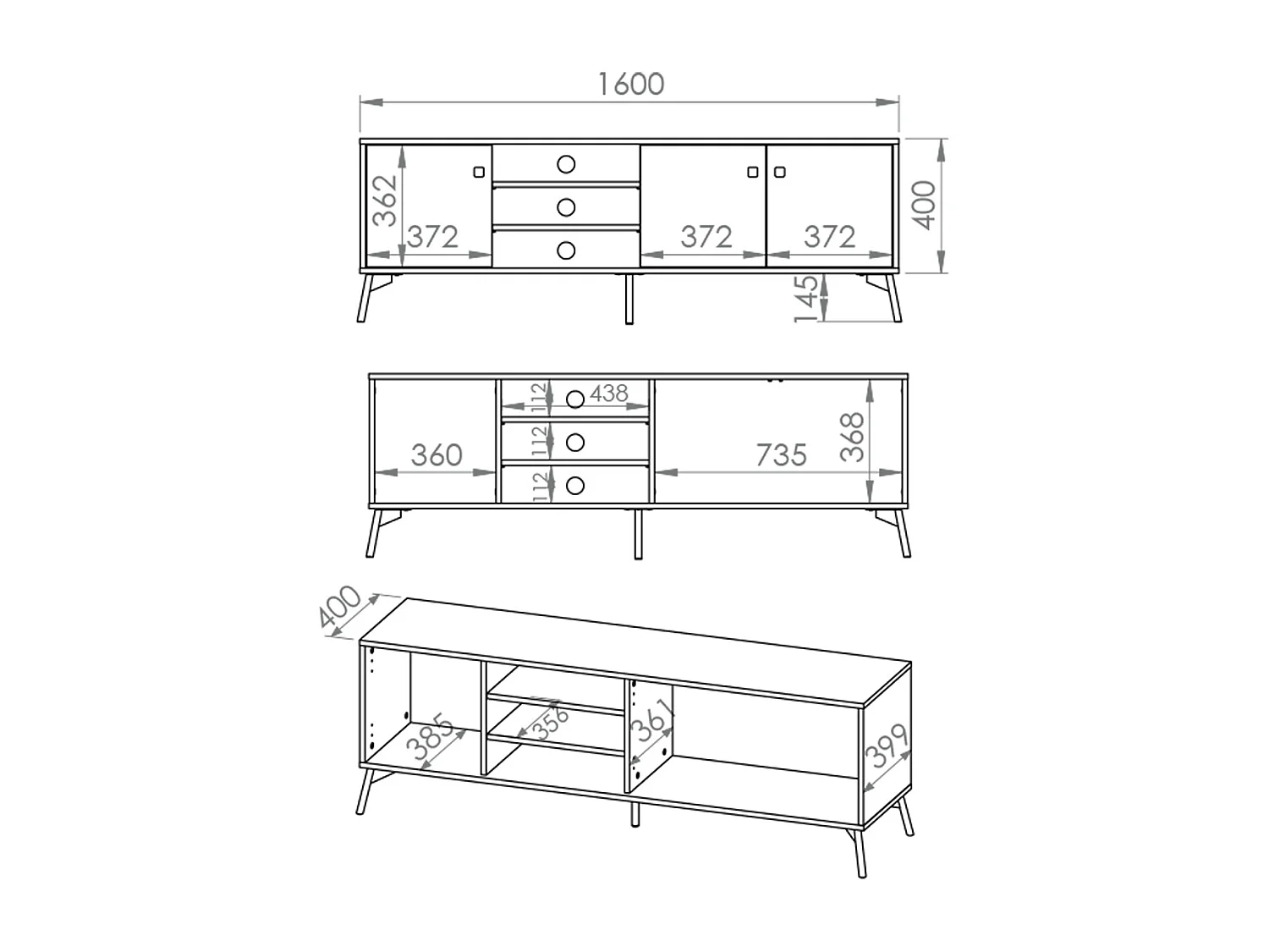 Meuble TV 3 portes 160 cm Elara Bois et Noir