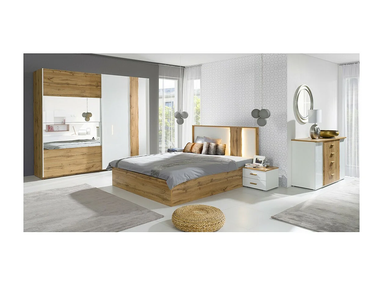 Kledingkast 250 cm WOOD 2 schuifdeuren met spiegel in eiken en wit kleur