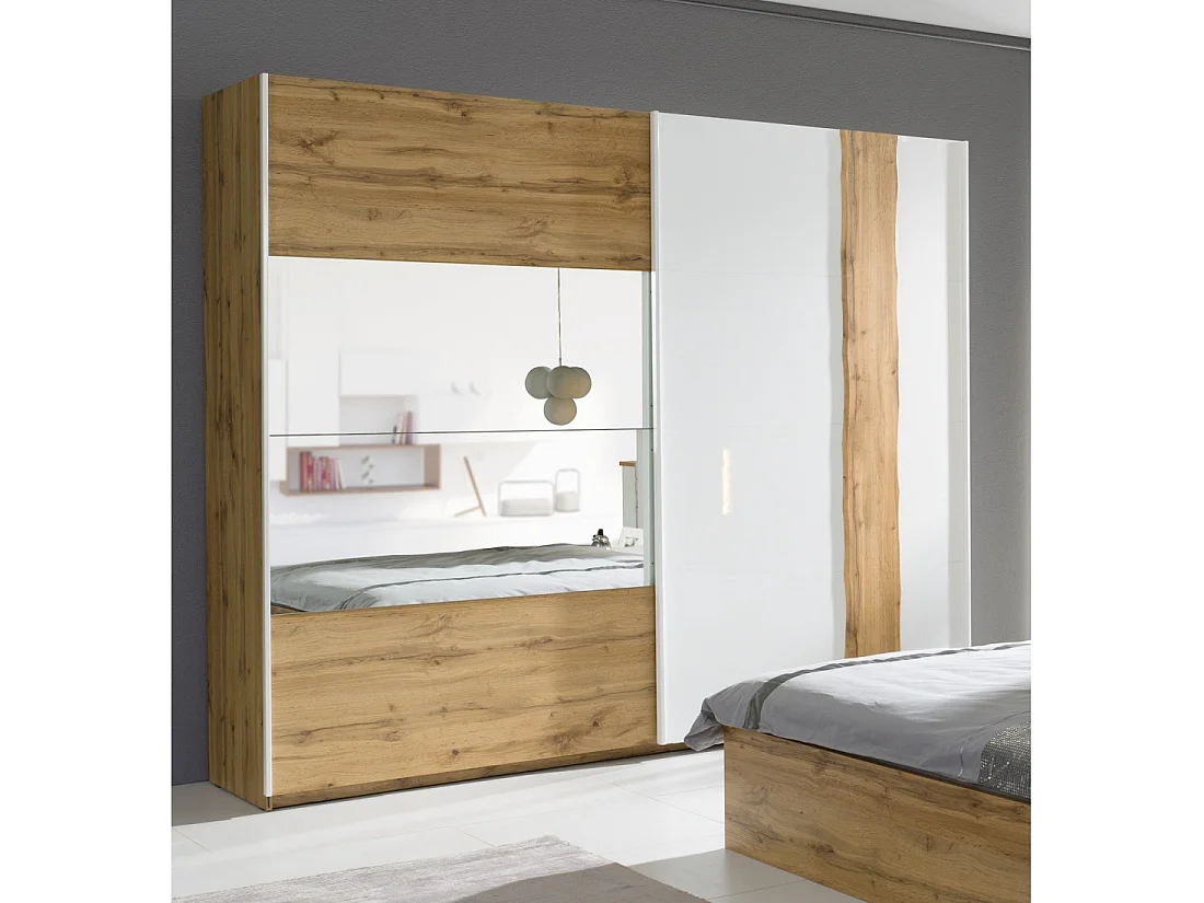 Kast WOOD 250 cm - 2 schuifdeuren met spiegel - Eik en wit