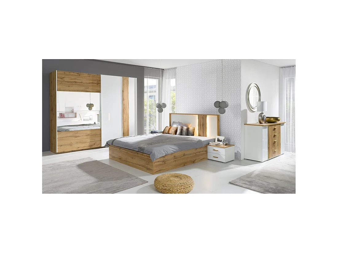 Kast WOOD 250 cm - 2 schuifdeuren met spiegel - Eik en wit