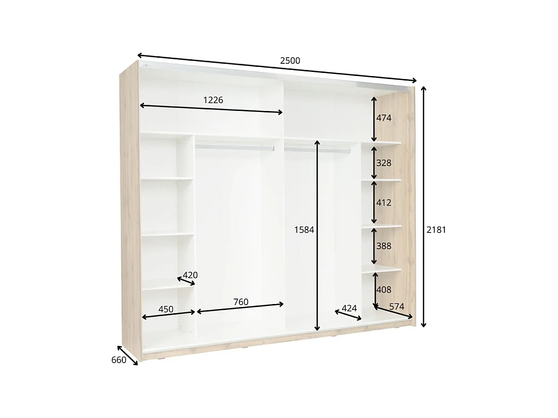 Kast WOOD 250 cm - 2 schuifdeuren met spiegel - Eik en wit