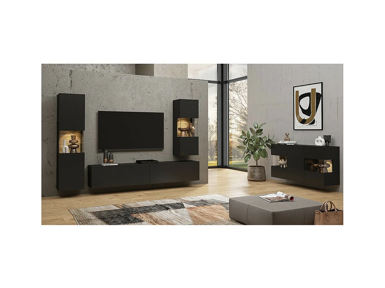 Ensemble design de 4 meubles de salon collection EVA. Couleur noir et chêne.
