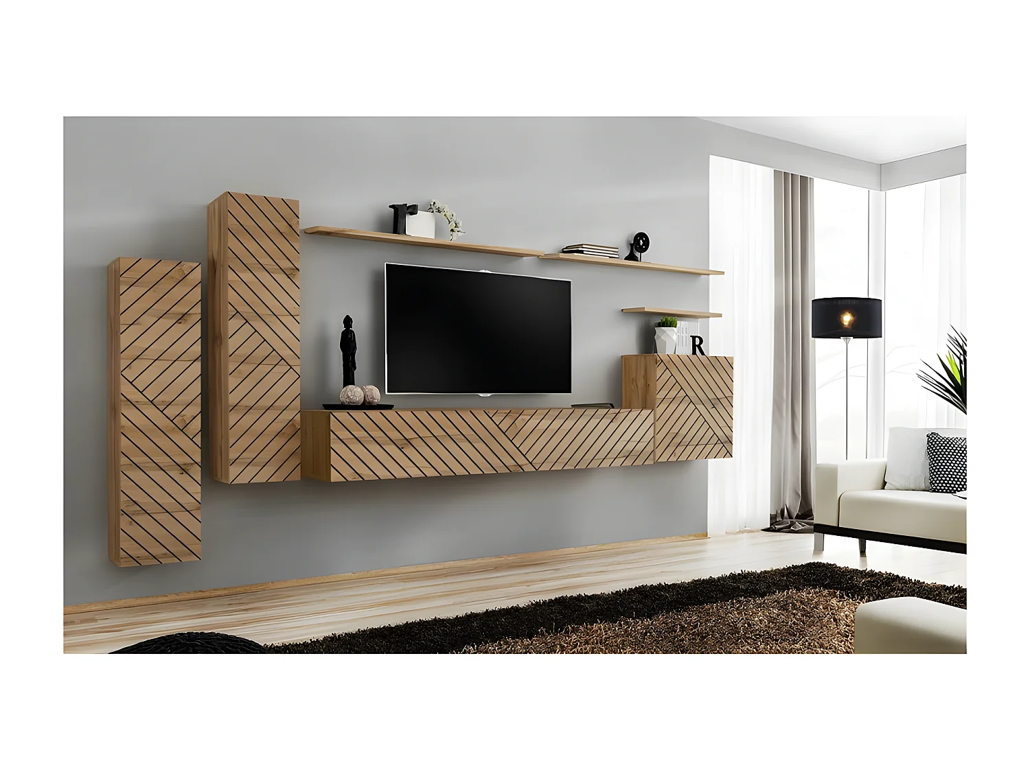 Ensemble de meubles suspendus pour votre salon collection SWITCH I. Coloris chêne. Finition façade fraisée.