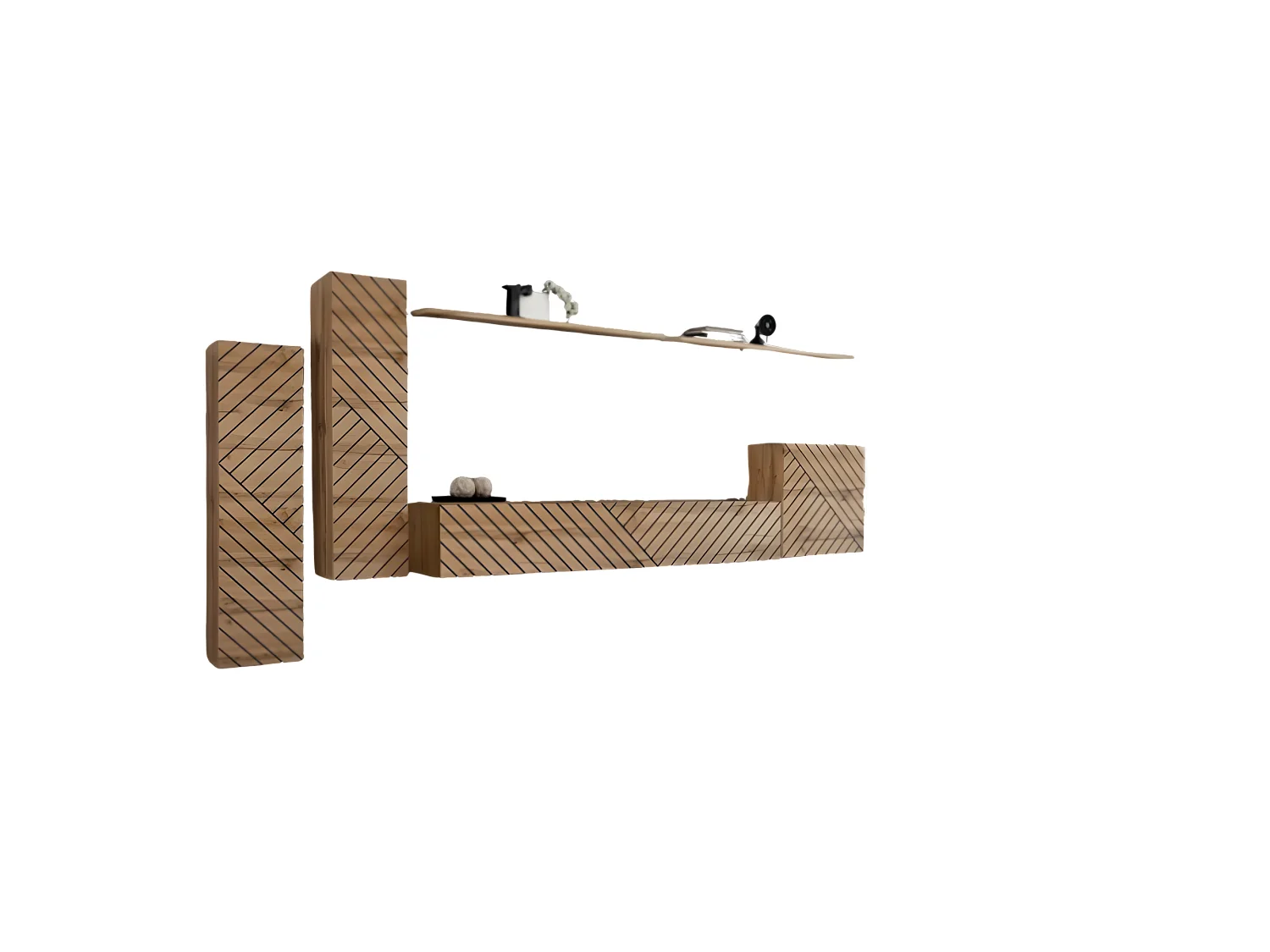 Ensemble de meubles suspendus pour votre salon collection SWITCH I. Coloris chêne. Finition façade fraisée.