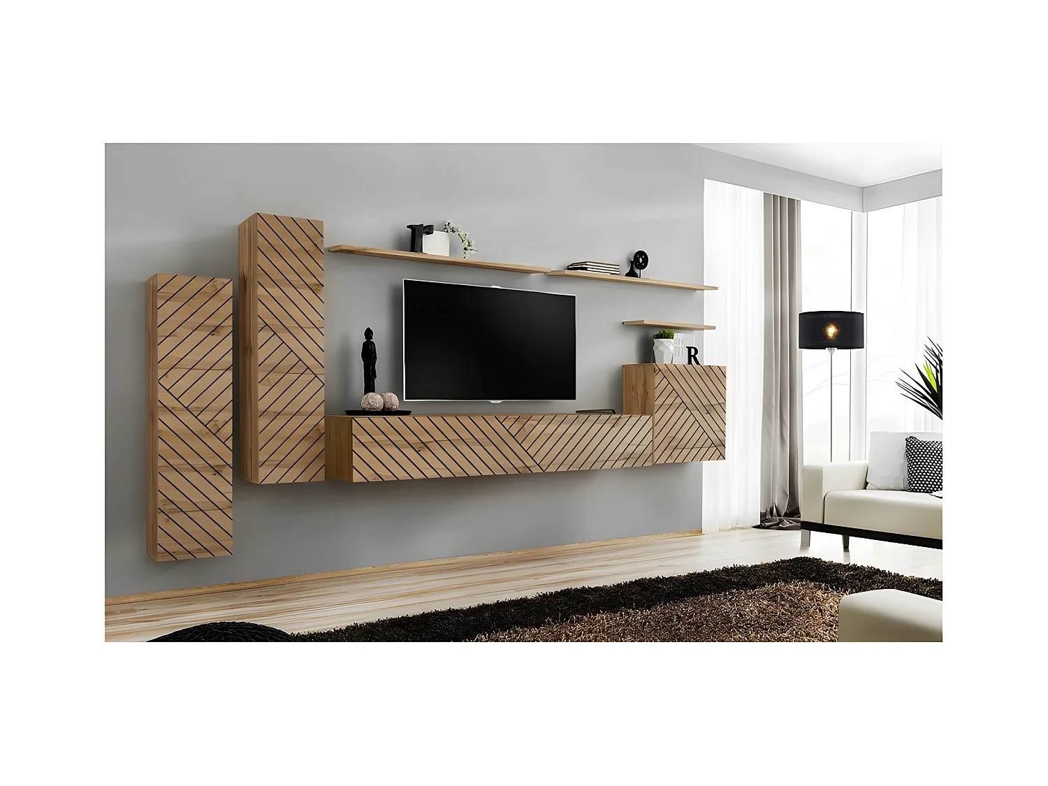 Set van hangende meubels voor uw woonkamer uit de SWITCH I collectie. Kleur: eiken. Afwerking gefreesde voorkant.