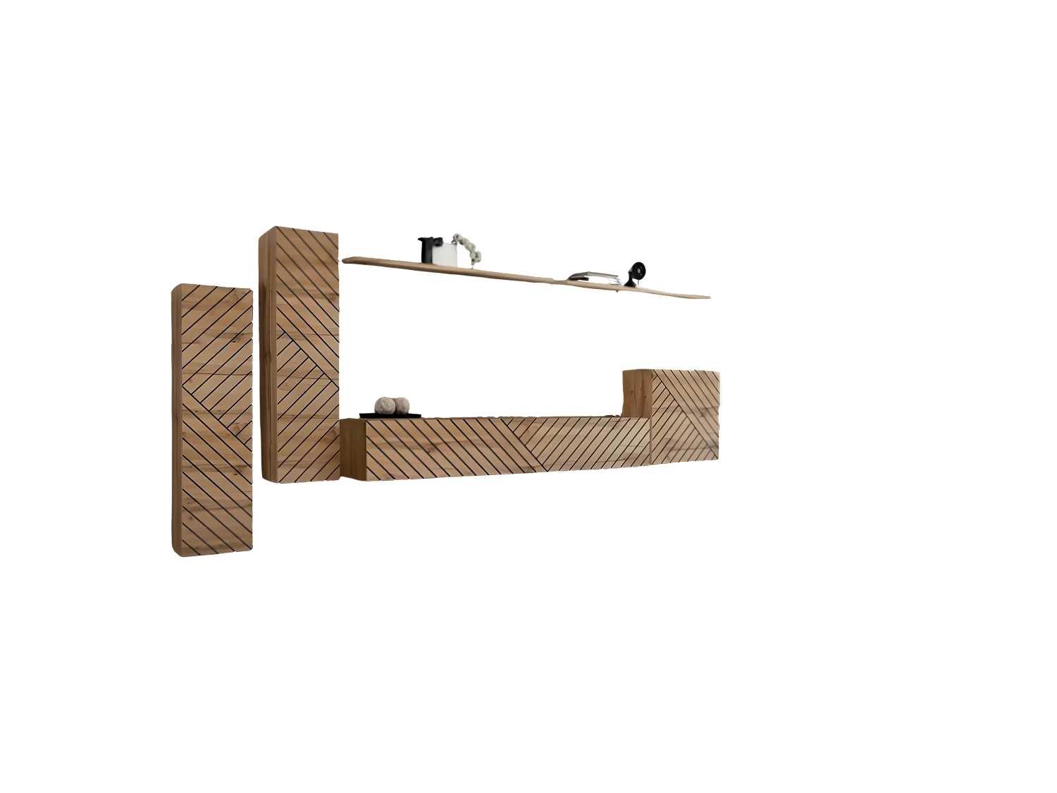 Ensemble de meubles suspendus pour votre salon collection SWITCH I. Coloris chêne. Finition façade fraisée.