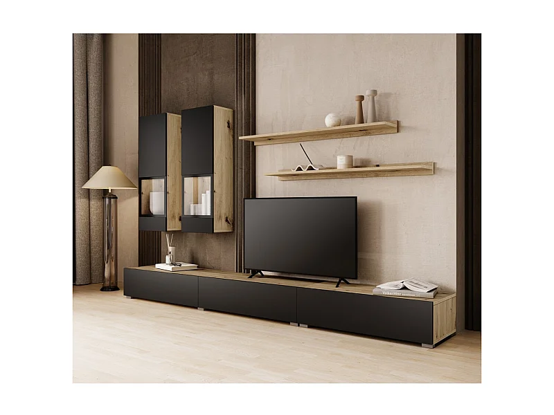 Conjunto de muebles de salón RAMOS – Roble y negro super mate – LED multicolores integrados