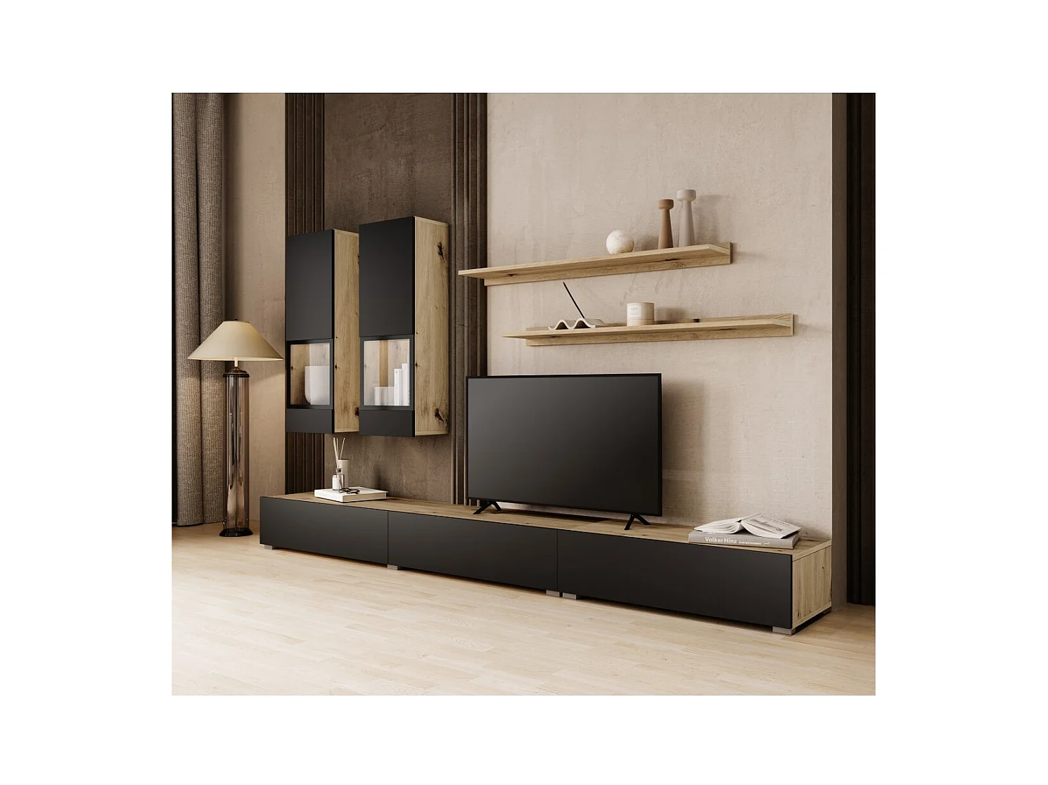 Ensemble meubles de salon RAMOS – Chêne et noir super mat – LED multicolores intégrées