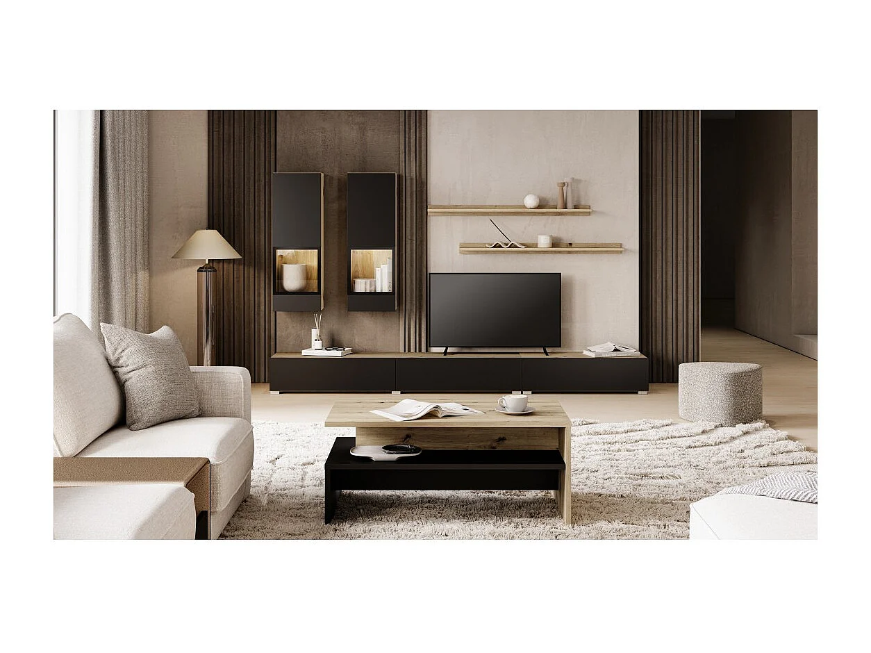 Ensemble meubles de salon RAMOS – Chêne et noir super mat – LED multicolores intégrées