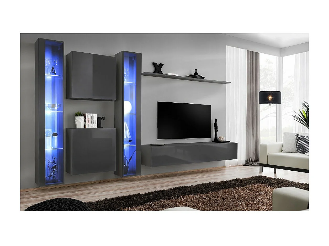 Conjunto de muebles de pared de diseño para salón. Colección SWITCH XVI, color gris brillante.