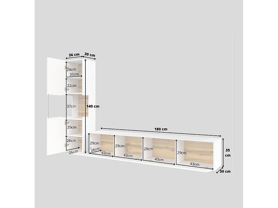 Vitrinenschrank und TV-Möbel Set, Kollektion EVA. Farbe Weiß und Eiche.