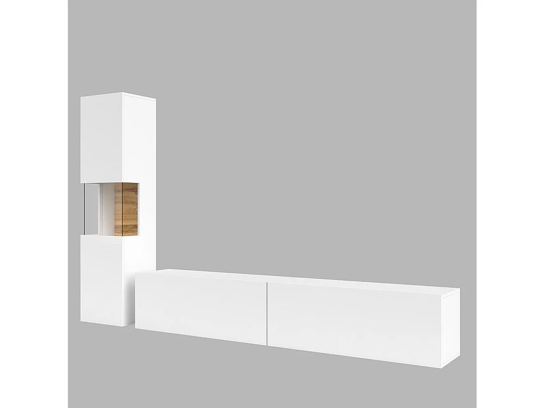 Vitrinenschrank und TV-Möbel Set, Kollektion EVA. Farbe Weiß und Eiche.