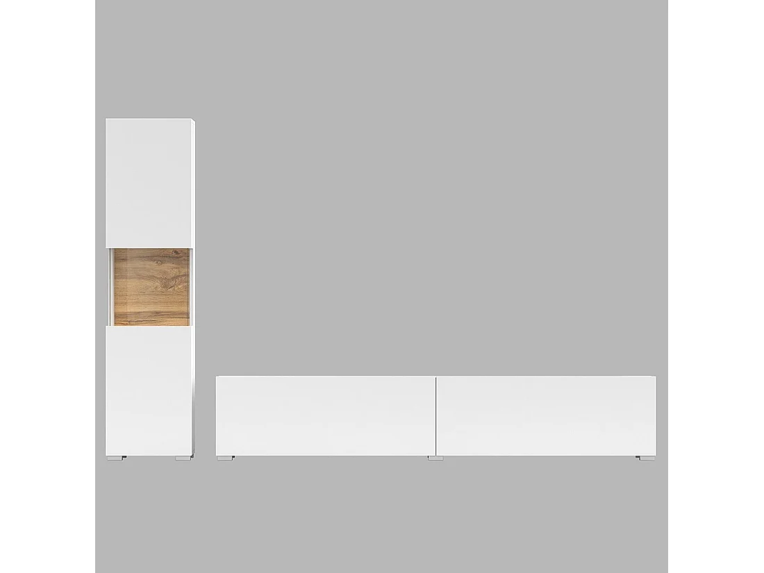 Vitrinenschrank und TV-Möbel Set, Kollektion EVA. Farbe Weiß und Eiche.