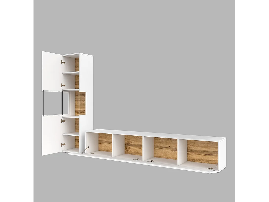 Vitrinenschrank und TV-Möbel Set, Kollektion EVA. Farbe Weiß und Eiche.