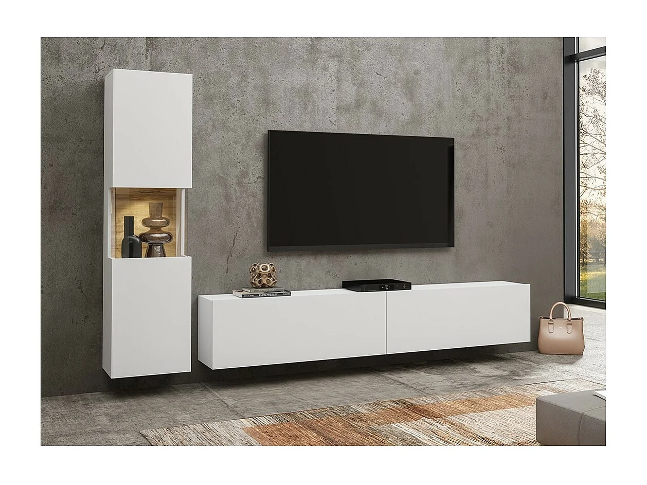 Vitrinenschrank und TV-Möbel Set, Kollektion EVA. Farbe Weiß und Eiche.