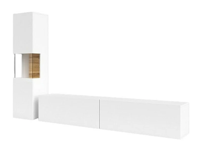 Ensemble vitrine et meuble TV collection EVA. Couleur blanc et chêne.